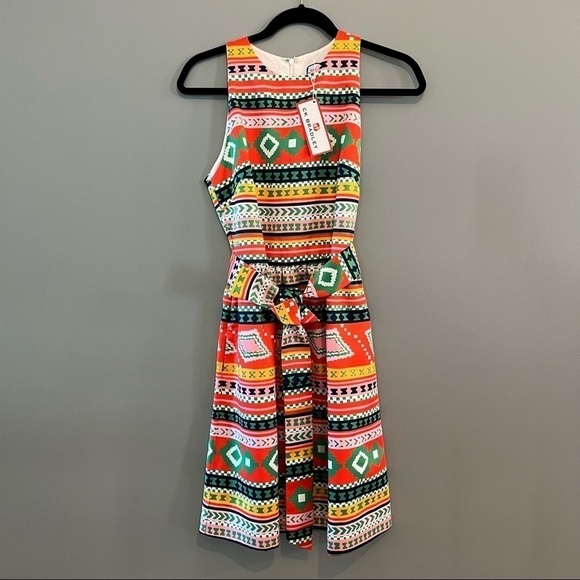 NEW CK Bradley Darden Pockets Egypt Multi Aztec Tie Fit & Flare Cocktail Dress - Picture 2 of 16